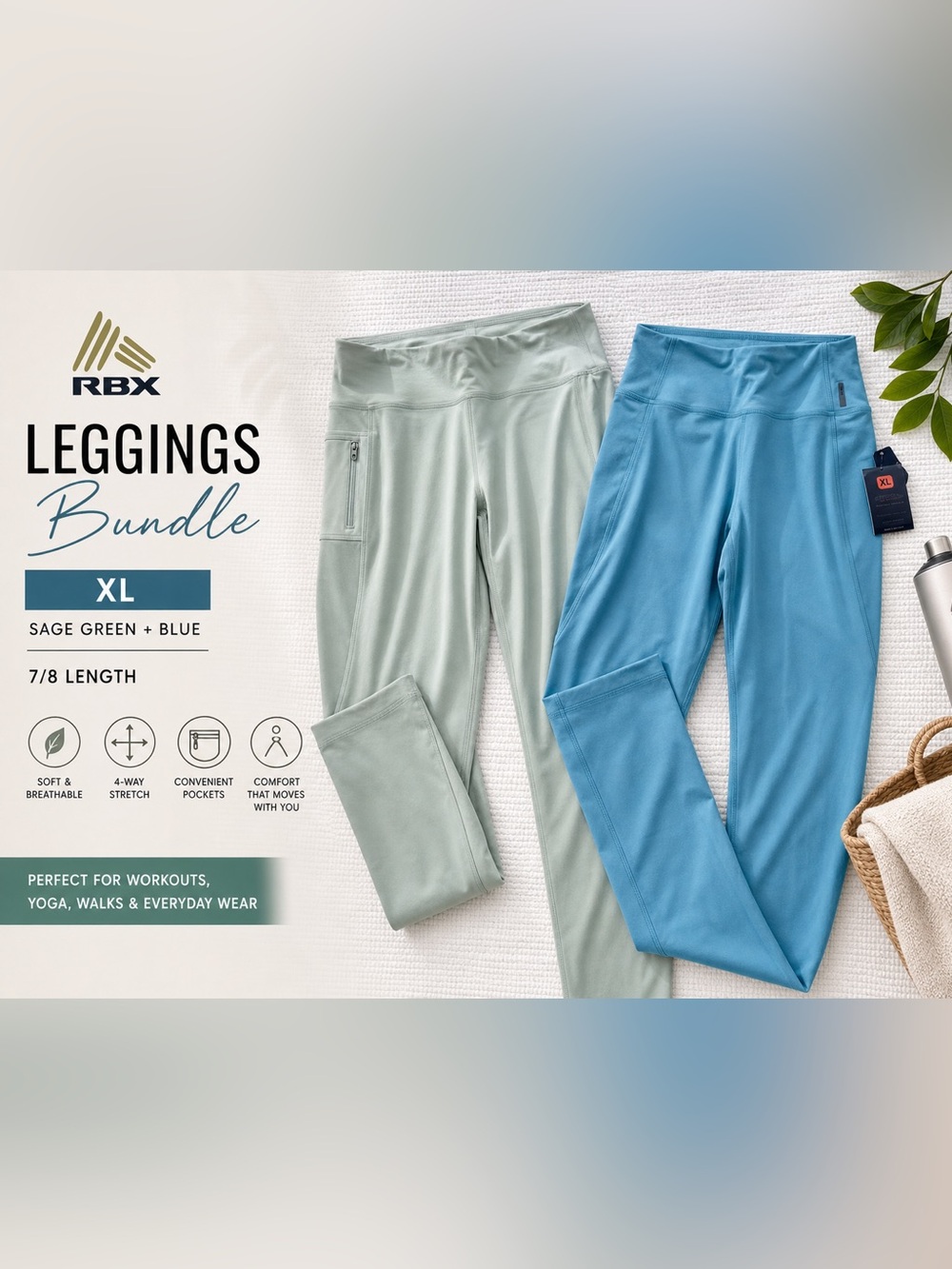 RBX Leggings Bundle XL Sage Green + Blue 7/8 Activewear NWT + EUC